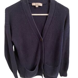 LOFT Navy 100% cotton V-Neck Button Cardigan Sweater
